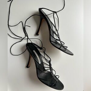 Manolo Blahnik Black Leather Tie-Up Gladiator Heeled Sandals IT 38.5
